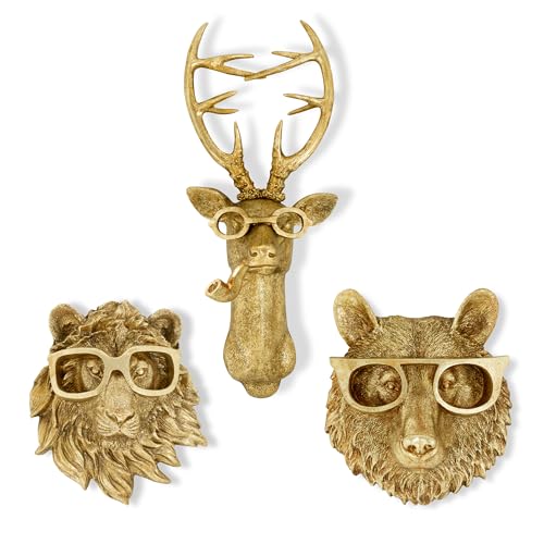 Luxicoze Gold 3pcs Animal Heads Wall Decor - Victorian-Style Lion Head, Bear Head, and Deer Head Wall Mount Decor, Adorned with Spectacles, Resin Home Decor Sculptures for Artistic Living Rooms, Animal Statue.