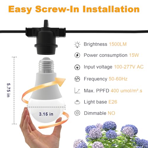 Image of LED Grow Light Bulbs on a 22 ft Rainproof String, 90W Waterproof Full Spectrum Hanging Plant Growing Lamps, E26 Base for Backyard, Garden, Farm (6 Lights)