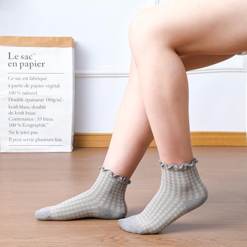 Image of 6 Pairs Cute Ruffle Socks for Women, Vintage Striped Frilly Sock Cute Checkered Ankle Socks for Women Cotton Knit Casual Crew Socks Size 5-9
