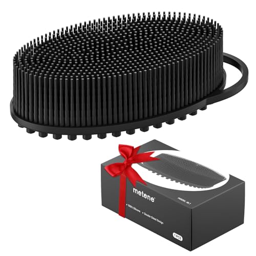 Metene Silicone Exfoliating Body Scrubber with Loop, Body Scrubber for Men and Women, Silicone Loofah for Shower, Soft Silicone for Shower and Bath Skincare Routine (Black)