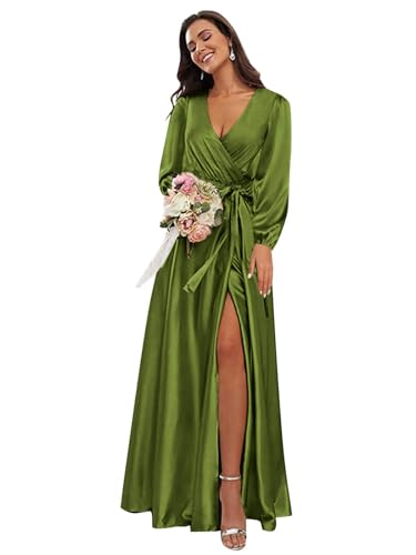Satin Bridesmaid Dresses Long Sleeve for Women V Neck Wrap Formal Wedding Guest Gown with Slit