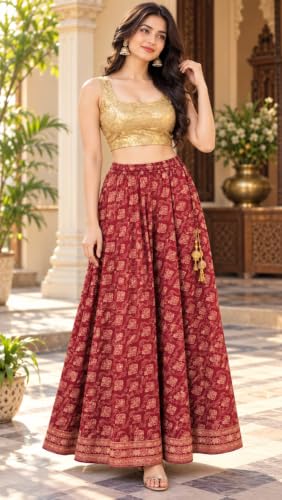 Image of Women's Ethnic Printed Flared Lehenga Skirt with Golden Tassels | Traditional