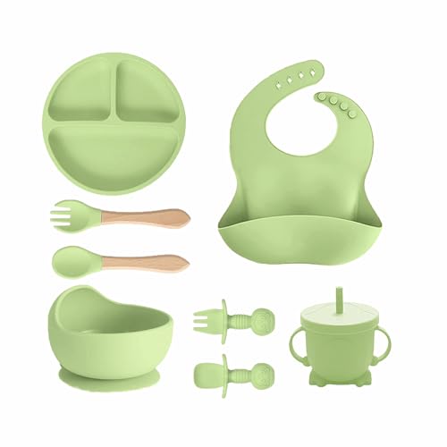 Image of Kids Station 8-Piece Silicone Baby Feeding Set | Suction Bowl, Plate, Bib, Cup, Spoon & Fork | 100% Food Grade BPA-Free Silicone | Non-Slip, Easy to Clean (Pack of 8, Green)