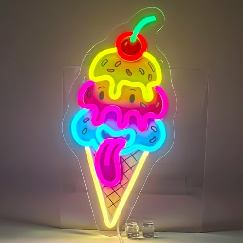Image of Cute Ice Cream Neon Sign - LED Neon Light Wall Decor with Cherry, Colorful Cone Design, 7.1x12.4 Inches, USB Powered Neon Sign for Bedroom, Kids Room, Game Room, Party Decorations