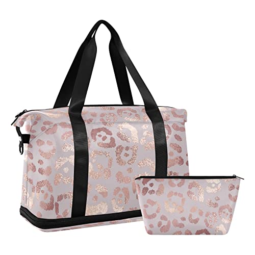 Rose Gold Leopard Gym Bag For Women Men Large Travel Duffel Bag Waterproof Weekender Overnight Bag With Shoe Compartment Wet Pocket For Travel Gym Yoga School Swimming Dance #TOP20