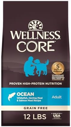 WELLNESS CORE Natural Grain Free Dry Dog Food, Ocean Whitefish, Herring & Salmon, 12-Pound Bag,88413
