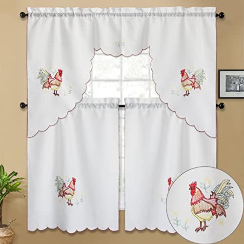 ECM. 3pc Rod Pocket Embroidered Kitchen Curtain Set with Swag Valance Bathroom Window Curtains 36 Inch Length Rooster Kitchen Curtains