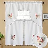 ECM. 3pc Rod Pocket Embroidered Kitchen Curtain Set with Swag Valance Bathroom Window Curtains 36 In