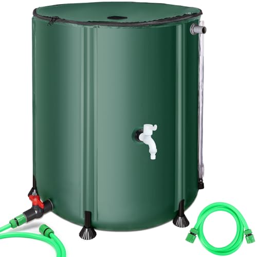 SKM Rain Barrel, Collapsible Portable Rain Water Barrel Collection System for Garden & Lawn, Includes Two Spigots & Overflow Kit, Rain Barrels to Collect Rainwater from Gutter, 53 Gallon, Green