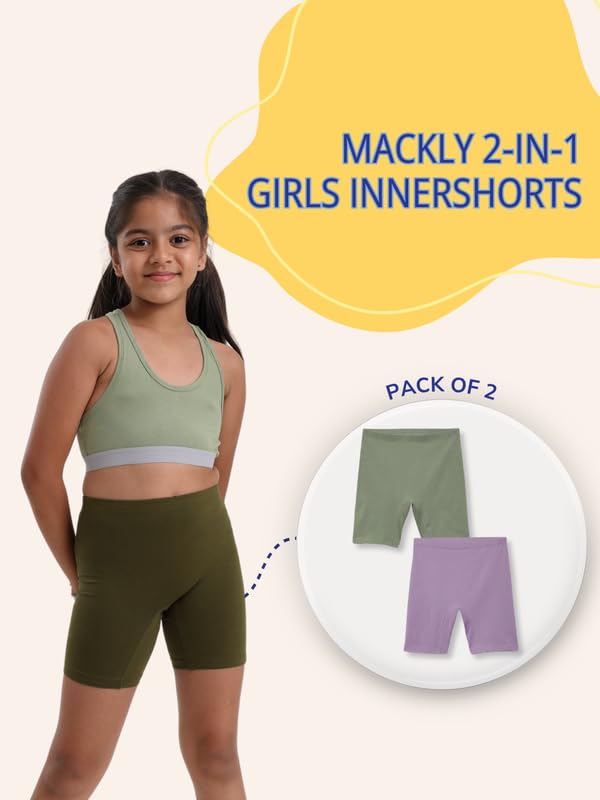 Image of mackly Girls Inner Shorts (Pack of 2) | 2-in-1 Seamless Panty Shorts with Gusset | Soft Breathable Base Layer for Dresses, Skirts
