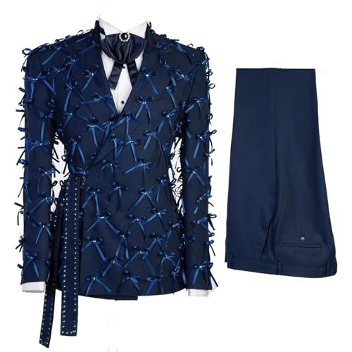 Mens Luxury 2 Pieces Suit with Bow Appliques Notch Lapel Slim Fit Double Breasted Jacket Pant for Prom Party Dinner