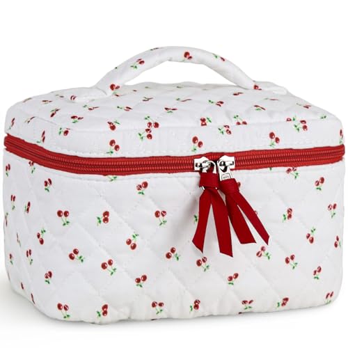 Prite Quilted Makeup Bag Travel Toiletry Organizer for Women (Red Berries)