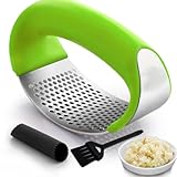 Angel's Peel Lounge Stainless Steel Garlic Press Rocker Set with Silicone Garlic Peeler & Cleaning Brush – Garlic Chopper, Mincer, Grater, Crusher – Easy for Crushed Cloves – Rust-Resistant, Green