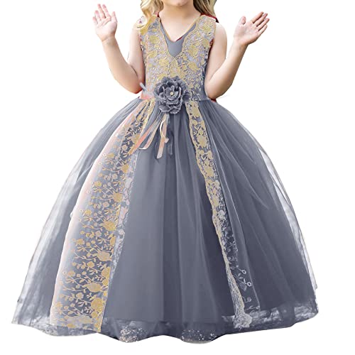 Toddler Long Dress Girls Princess Dress Sleeveless Long Dress Flower Girl Wedding Model Catwalk Piano (Grey, 7-8 Years) #TOP4
