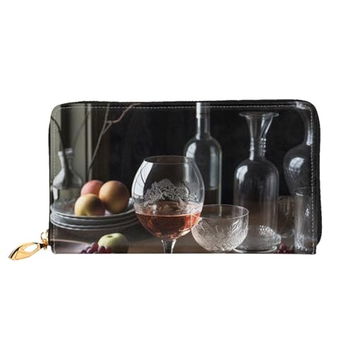 Leather Wallet for Women Men Bifold Wallet Ultra Slim Credit Card Holder Wine Glasses Ladies Clutch Purse