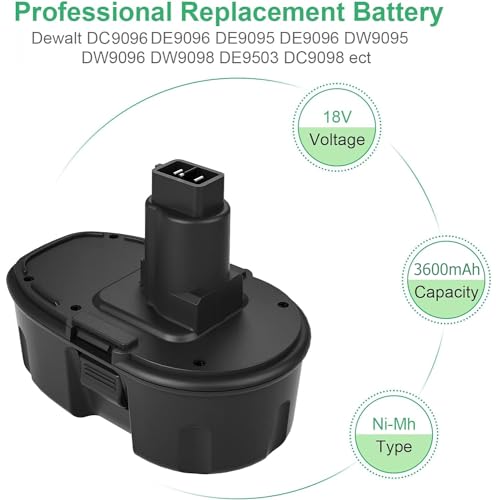 topbatt 2x dc9096 3,6ah ni mh pour dewalt 18v batterie de remplacement xrp de9098 de9039 de9095 de9096 dw9095 dw9096 dw9098 de9503 dc9098 perceuse sans fil dc725 (noir)