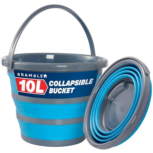 BRAMBLE 10 Litre Collapsible Bucket Portable Cleaning Fishing Camping Silicon, Space Saving Design for Home & Outdoors - Flattens to 5cm - Blue/Grey
