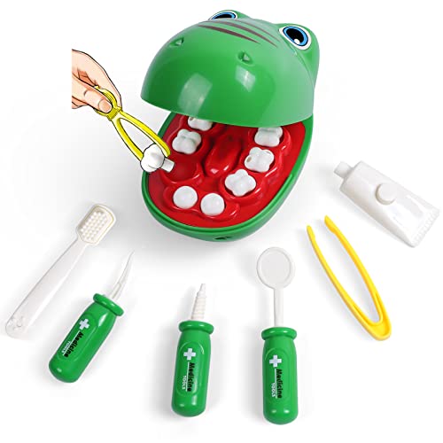 Umitive Dinosaures Dentiste Enfant Jouet, 7 Pièces Kit du Docteur Médicale Jouet avec Dentifrice，Brosses à Dents，Jeu d'imitation Cadeau pour Fille Garçon Enfant 3 4 5 6 7 8 Ans
