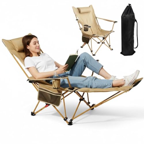Green Lion Vestro Portable Camping Chair with Removable Footrest 120kg Capacity Foldable Outdoor Beach Lounge 4-Angle Recline Cup Holder & Storage 600D Oxford Fabric Carbon Steel Frame - Beige
