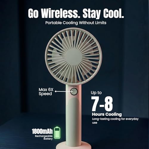Image of One94Store Mini Handheld Fan, USB Rechargeable Fan with 1800mAh Battery, 6-Speed Cooling for Home Office Travel, Pink & Grey