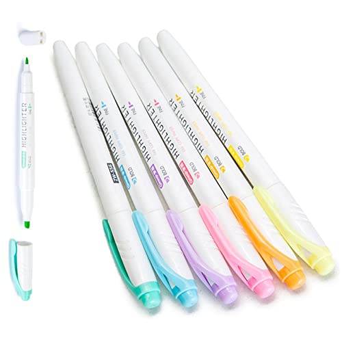 Highlighters, Dual Tip Assorted Colours Highlighter Pens with Chisel Tip, Long-lasting, Ideal for School and Office, No Bleed Dry Fast Easy to Hold, for Bullet Journal, Bible, Notes, 6 Pack