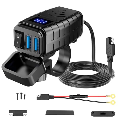 Motorrad USB Steckdose Wasserdicht: Dual USB Adapter Steckdose mit Schalter und LED-Spannungsmesser, QC 3.0 Doppelstecker Buchse für 12V - 24V Motorrad Wohnmobil Auto Yacht