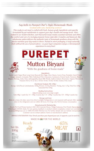 Image of Purepet Fresh Dog Food Mutton Biryani, for Adult & Puppy, 100gm | High Protein, 65% Real Meat, 35% Veggies & Rice | No Preservatives | Ready to Serve | All Breeds | One Pack One Meal
