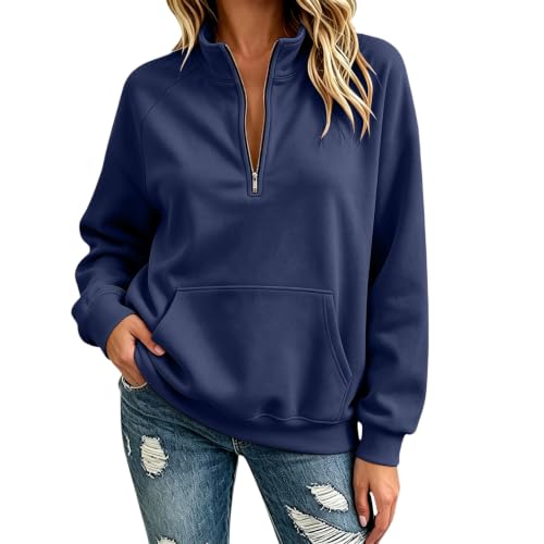 Mock Neck Sweatshirt Women Navy L Quarter Zip Mock Neck Casual Athletic Pul | Oversized Lightweight Sweatshirt,Long Sleeve Ribbed Cuffs and Hem Tops,Summer Fall Casual Loose Fit Sweater