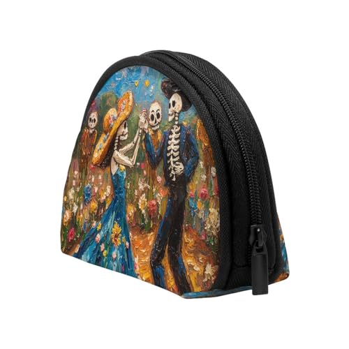 Portable Coin Purse Romantic-Skeletons-Marigold Mini Zippered Money Pouch Card Holder4