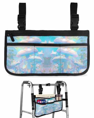 Anzona Rainbow Mushroom Wheelchair Side Bag Walker Bag, Fall Botanical Abstract Art Wheelchair Accessories Armrest Pouch, Organizer Storage Bag for Walkers, Rollators, Scooters, 7.3''x13''