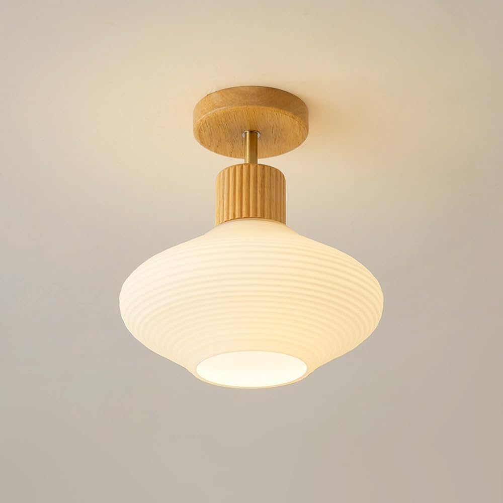 Modern Simplicity Indoor Glass Shade Ceiling Light Japanese Wood Color Metal Flush Mount Ceiling Lamp Nordic Creativity Home Entryway Close to Ceiling Light Fixtures for Hallway Balcony