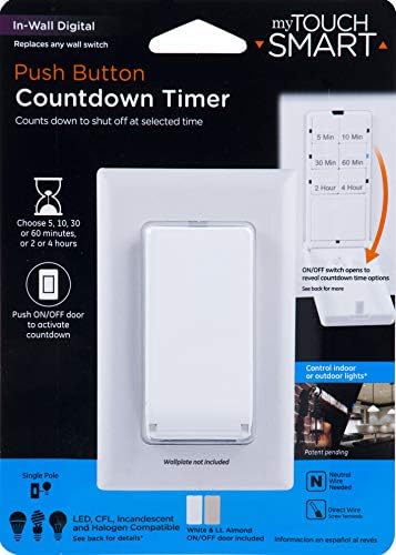 myTouchSmart Push Button in-Wall Digital Countdown Timer Switch, ON/Off Door Button, 5-10-30-60 Min. and 2 – 4 Hr Presets, for Lights, Exhaust Fans, Heaters, White/Lt. Almond Doors Included, 40953