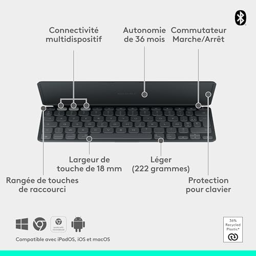 Logitech Keys-to-Go 2, Clavier sans Fil Portable pour iPad avec Protection intégrée, Plat et Compact, iPad, iPhone, Mac et Apple TV, passez Facilement d'un Dispositif à Un Autre, AZERTY FR - Graphite