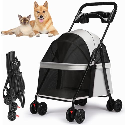 RUYICZB 4 Wheels Folding Dog Stroller, Easy-Fold Puppy Cage Cat Jogger Stroller Portable Pet Cart with Storage Basket and Cup Holder, Lightweight Pet Stroller for Small Medium Dogs Cats,Gray -  GRAY-66240988