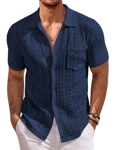 COOFANDY Men's Knit Shirts Short Sleeve Button Down Vintage Polo Shirt Casual Beach Shirts Top Navy...