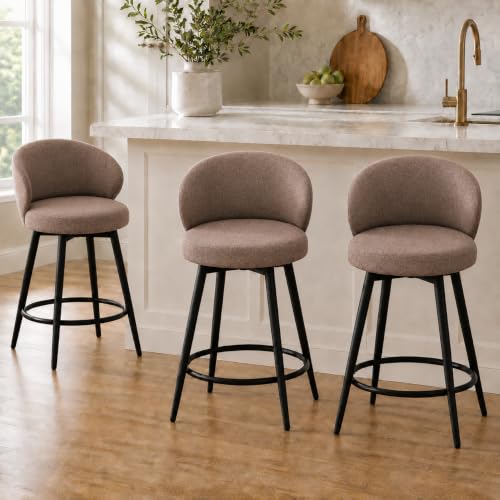 Image of Bar Stools Set of 3, 360 Swivel Breathable Fabric Kitchen Counter Height Stools, 26 inch Upholstered Bar Chair for Kitchen Islands, Restaurant,Brown