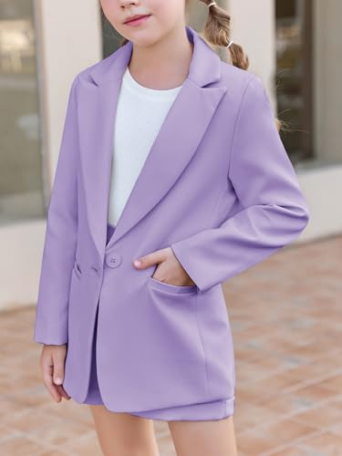 Image of Batermoon Girls 2 Piece Outfits Button Front Long Sleeve Blazer and Short Pants Suit Sets 4-14 Years