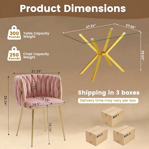 Image of Golden Glass Dining Table Set for 4 with 47.2 inch Rectangular Tempered Glass, 5 Pieces Kitchen Table Set with 4 Comfortable Velvet Chairs for Living Room, Apartments Small Place, Cafe (Pink Chairs)