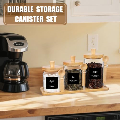 Image of Suclain 3 Pcs Glass Coffee Container Set, 13.5,20,25 oz, Natural Bamboo | Coffee Tea Sugar Canister Set, Airtight Jar Food Storage with Wood Spoon Tray Labels, Kitchen Counter Bar Organization