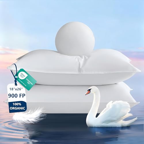 Goose Feather Pillows Standard Size Set of 2, Ultra Soft 700 TC Organic Cotton Shell, 900 FP Down Pillow for Sleep, Luxury Hotel Collection Bed Pillows 2 Pack for Side Back Stomach Sleepers, 18