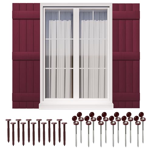 Ortus Collective Exterior Window Shutters with 24 Pcs Shutter Fasteners - Weather-Resistant Polypropylene, Easy DIY Install - Board and Batten Shutters for Windows Outside, 14.5'W x 51'H, Red