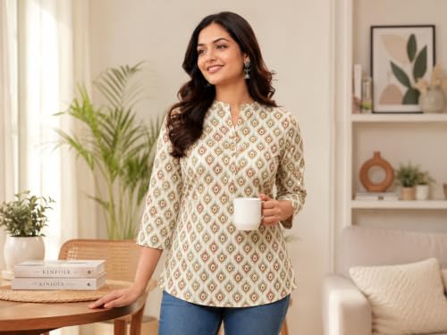 Image of Women's Floral Printed Cotton Kurti Summer Cotton Tunic Top for Girls