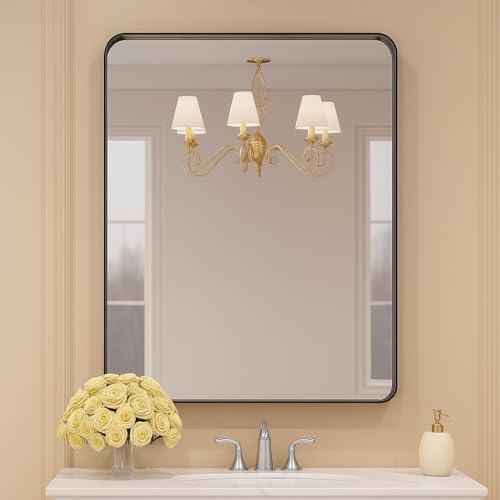 Black 30×36 Inch Metal Framed Mirror for Wall, Large Rounded Rectangle Mirror, Anti-Rust, Tempered Glass, Hangs Horizontally or Vertically