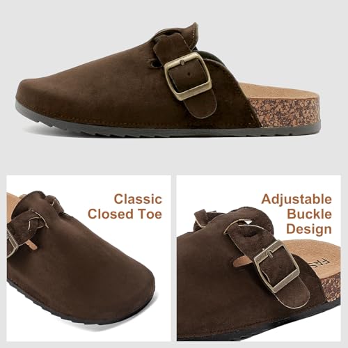 Image of Suede Clogs for Men Soft Cork Footbed Women's Clogs Mules with Arch Support, Adjustable Buckle Comfort Leather Potato Shoes, Slip-On Closed Toe Slippers