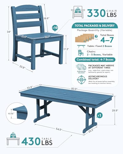 Image of SERWALL 9 Piece 84 inch HDPE Outdoor Dining Set for 8 with Armless Chairs and Umbrelle Hole, Blue