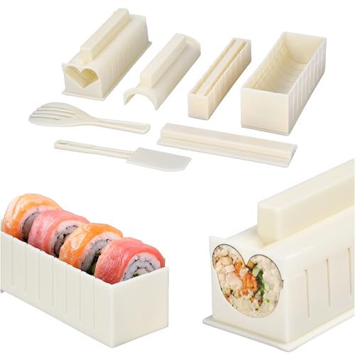 KITCHTIC Beginner Sushi Making Kit - Set Of 10 - Plastic Sushi Kit with Reusable Tools - Durable PP Plastic - Easy To Clean - Creative and Fun Sushi Maker - Sushi Roller Kit - White