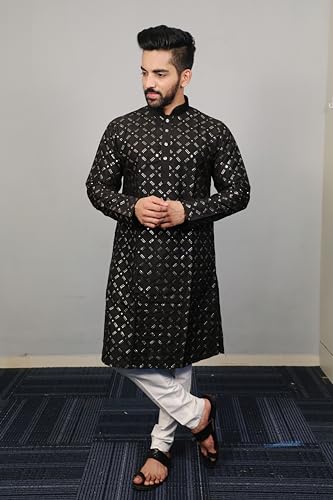 Men's Heavy Soft Silk Kurta with Pajama-Silver & Matte Sequin Embroidery Work|Elegant Traditional Ethnic Wear3