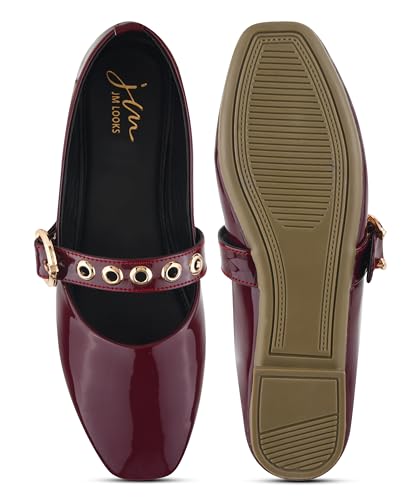 Image of JM LOOKS Modern Patent Mary Jane Flats Featuring Stylish Grommet Eyelet Straps and Adjustable Polished Metal Buckles