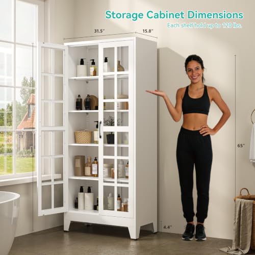 Image of Metal Storage Cabinet with Glass Doors and Adjustable Shelves | 71 inch Tall Pantry Cabinet for Kitchen Dining Room Bathroom Garage,White,1 Pce