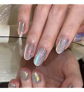 24 PCS Press On Nails Medium White Chrome Pearl Mermaid Glue on Gel Nails Chrome Nails Glazed Don...